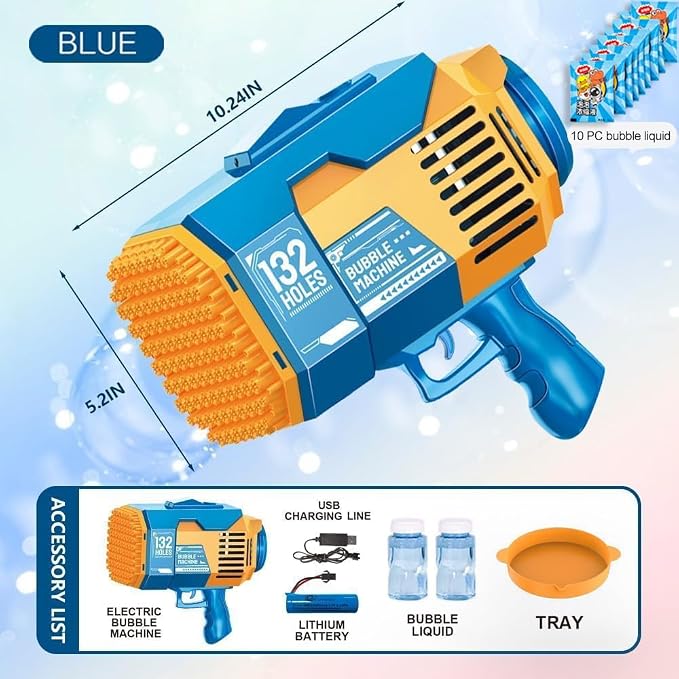 Upgraded 132 Holes Bubble Machine Gun,Bazooka Bubble Machine,Rocket Bubble Gun Bubble Machine,Summer Toys Bubble Blaster Maker for Kids, Wedding, Birthday Gift (Light Blue)