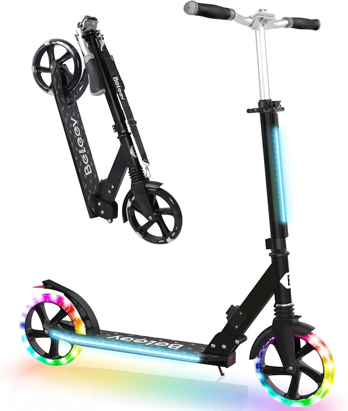 BELEEV V8 Scooters for Kids Ages 6+ with Light-Up Deck, 2 Wheel Folding Scooter for Kids, 4 Adjustable Height, Lightweight Sport Commuter Scooter, Sturdy Frame