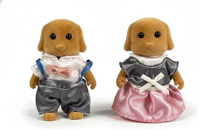 Family Brown Dog Figures — Set of 2 Collectible Flocked Mini Dolls with Removable Clothes, Dollhouse Pretend Play Set for Kids Ages 3+