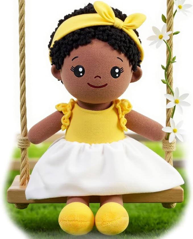 OUOZZZ 12.6" Soft Black Baby Doll - Toys for 1 Year Old Girl Gifts, African American Baby Dolls Birthday Gifts for 1 Year Old Girl Plush Toys Gift for Toddler Kids Yellow Bow-tie