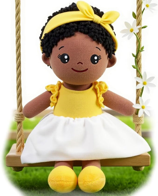 OUOZZZ 12.6" Soft Black Baby Doll - Toys for 1 Year Old Girl Gifts, African American Baby Dolls Birthday Gifts for 1 Year Old Girl Plush Toys Gift for Toddler Kids Yellow Bow-tie