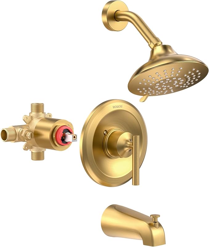 Shower Tub Faucet Set Gold, WOWOW Bathroom Shower Trim Kit with 6-Inch Rain Shower Head and Tub Spout, Single Handle Shower Combo Brushed Gold (Valve Included)