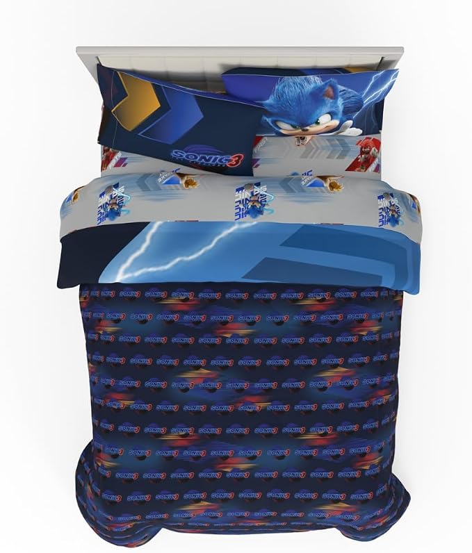 Franco Sonic The Hedgehog 3 Movie Kids Bedding Super Soft Comforter and Sheet Set, 5 Piece Full Size, (Officially Licensed Product)