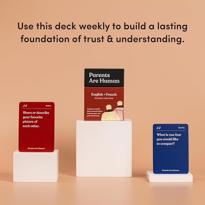 Parents Are Human, Relationship Cards, Get to Know Each Other Better, Parents, Adults, Families, & Teens Relationship Building, Light & Deep Questions, 70 Questions & Activity Cards, English + French