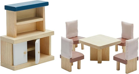 PlanToys® Wooden Dining Room Set | Montessori Dollhouse Furniture with Table, Chairs, Cupboard and Shelf | Imaginative Role Play Toy for Social Interaction | Eco Friendly Pretend Play Kitchen Activity