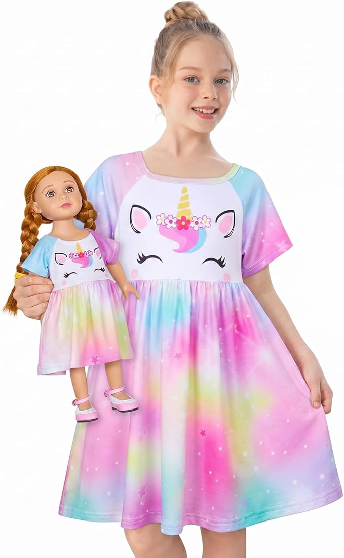 Play Tailor Doll and Girl Matching Nightgown Unicorn Outfit Pajamas Night Dress for Girls and 18" Dolls Clothes