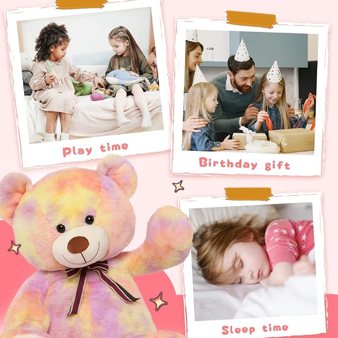 Tezituor 40in Giant Teddy Bear Stuffed Animal,Big Bear Plush Toys,Rainbow Yellow Soft Bear Plushies, Stuffed Animals Gifts for Baby Shower, Valentine, Christmas, Birthday, Party Decoration