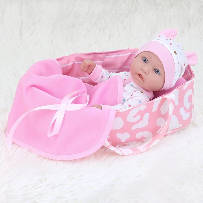 ZITA ELEMENT 12″ Baby Doll with Sleeping Carrier Bassinet Bed Set in Gift Box - 13 Piece Soft Baby Doll with Accessories, for Girls Ages 3+