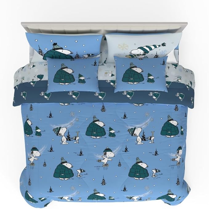 Collectibles Peanuts Snoopy Puffer Holiday & Christmas Bedding Super Soft Comforter and Sheet Set with Sham, 7 Piece King Size (Officially Licensed Product) By Franco