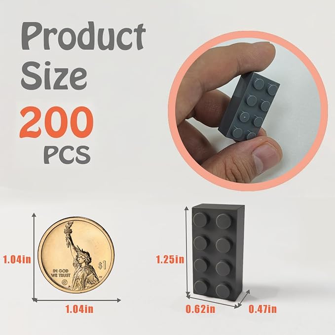 HUIZDQ 200 Piece Classic Small Building Bricks, 2x4 Bulk Bricks STEM Creative Building Toys, Dark Grey(Small Bricks, 1.25x0.62x0.47 in)