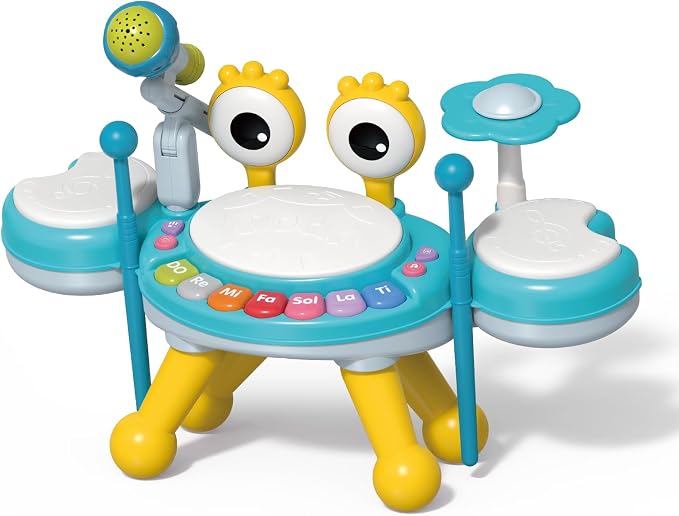 Kids Drum Set for Toddlers 1-3, Baby Drum Set Musical Toys with Light Up Microphone & 2 Sticks, Musical Instruments Montessori Learning Toys for 1 Year Old, Birthday Gift for Boys Girls