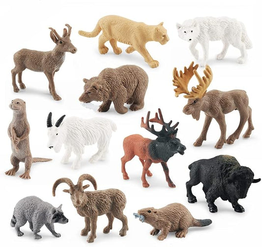 NatureMan North American Animals Set 12PCS Mini Wild Animals Figurines Set cludes Moose Raccoon Cougar, Wolf, Beaver for Children Educational Toy Cake Toppers