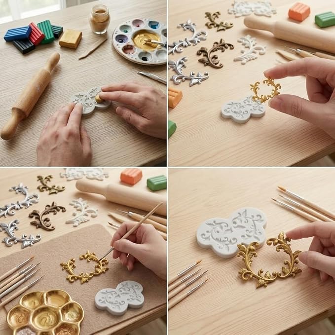 Baroque Leaf Vine Polymer Clay Molds Baroque Scroll Lace Silicone Mold for Epoxy Resin Casting DIY Crafts Air Dry Polymer Crafts Supplies Clay Tools