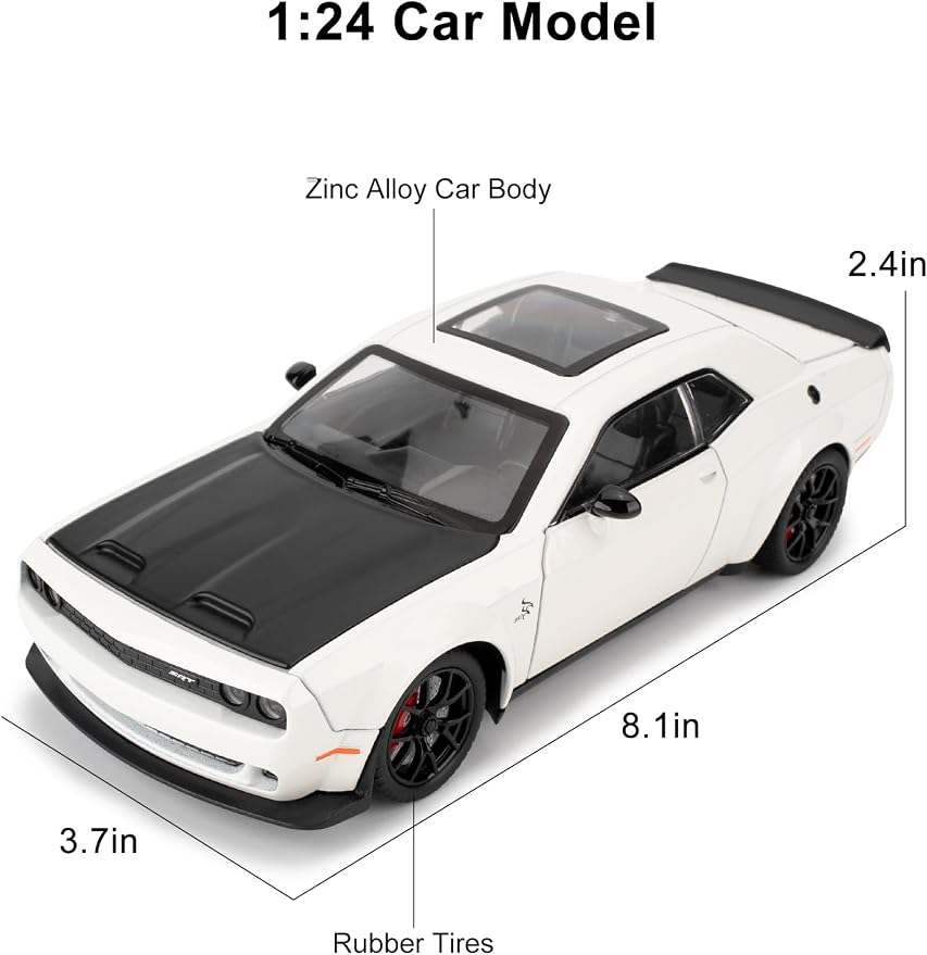 Compatible for 1/24 Dodge Challenger SRT Hellcat Car Model, Collectible Die-Cast Model Car with Lights and Sounds,Pull Back Car Toy for Adults Kids Birthday Gifts Decoration (White)