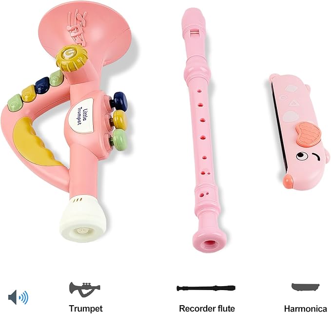 Toddler Musical Instruments Toy Trumpet, Harmonica, Recorder Flute for Kids Baby, Musical Toys Set for Children Boys Girls Ages 2 3 4 5, Pink (Pink)