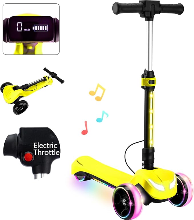 24V Electric Scooter for Kids w/150W Powerful Motor, Thumb Throttle, LCD Screen, Bluetooth, Light-Up Stem Deck & Wheels, 3 Adjustable Heights, 5MPH Safe Speed, 3 Wheel Electric Scooter for Kids
