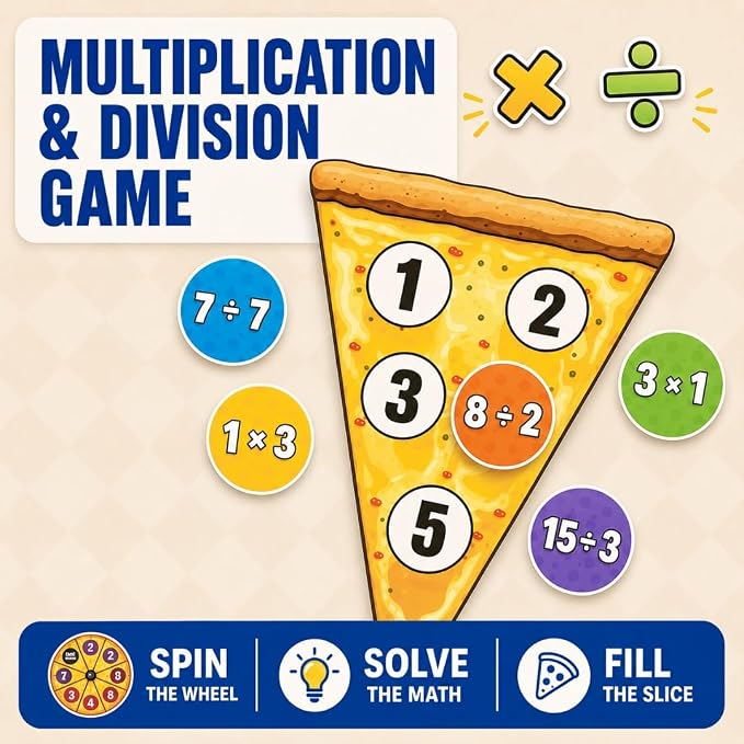 Matheroni Pepperoni Math Games for Kids 8-12, Division & Multiplication Game, Educational STEM Board Games with Fun Pizza Theme, 3rd-6th Grade Learning Toys by Pidoko Kids