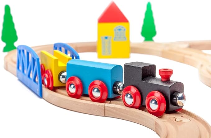 maxim enterprise, inc. 40 Pc Wooden Train Set, Complete Toy Railway with Straight and Curved Tracks, Wood Engine, Cars, Hauler, Signs, and More, Compatible with All Major Brand Accessories, Age 3+