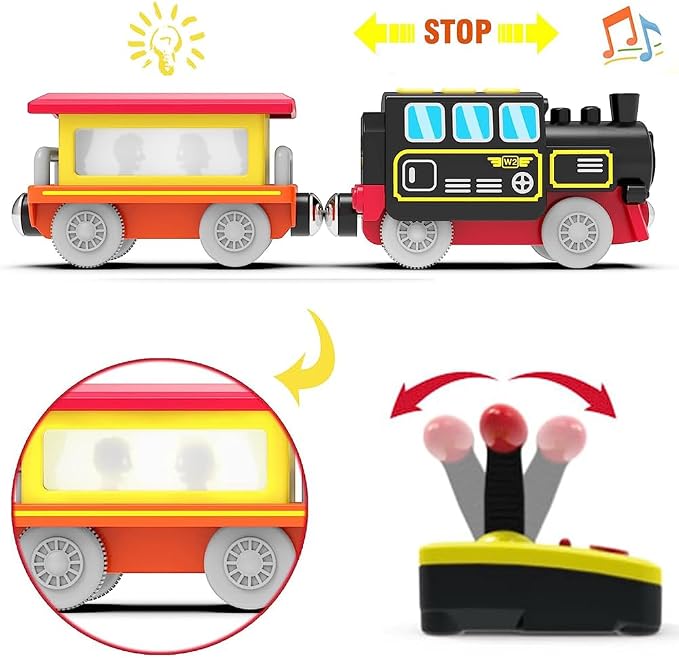 TOPLIVING Battery Operated Locomotive Train for Wooden Track, Remote Control Train with Magnetic Connection, Motorized Trains for Toddlers, Compatible with Thomas, Brio, Chuggington