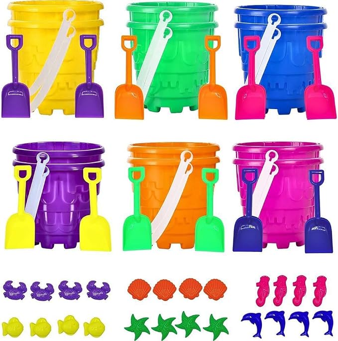 4E's Novelty 12 Sets Beach Toys - Includes 12 Sand Buckets, 12 Shovels, 24 Sand Molds for Kids - Small 5.75" Beach Buckets Bulk, Summer Party Favors, Easter Basket Stuffers, Student Gifts