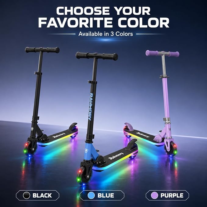 Rahmory Kick Scooter for Ages 5-12,Kid, Teens. Max Load 155 LBS. Foldable, Lightweight, with Light up Wheels and Dynamic Light Deck, Teen and Adults, 3 Adjustable Levels.