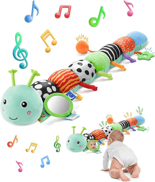AWOTOY Baby Toys Sensory Music Caterpillar Stuffed Animals Infant Toys,Blue | Teething Toys 0-3-6-12 Months Tummy Time with Mirror Crinkle Rattle&Pull String for Newborn Boys Girls Shower Gifts Birthday