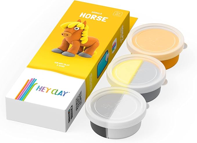 Hey Clay Animals - Claymate Horse - Colorful Modeling Air Dry Clay for Kids - Air Dry Clay Kit 3 Cans with Fun Interactive App