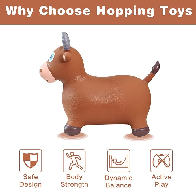 HotMax Bouncy Bull Hopping Horse Toys, Inflatable Bouncing Animal Hopper for Toddlers or Kids, Ride on Jumping Farm Toys for Boy or Girl, Birthday Gift 2 3 4 Year Old (Brown Cow)