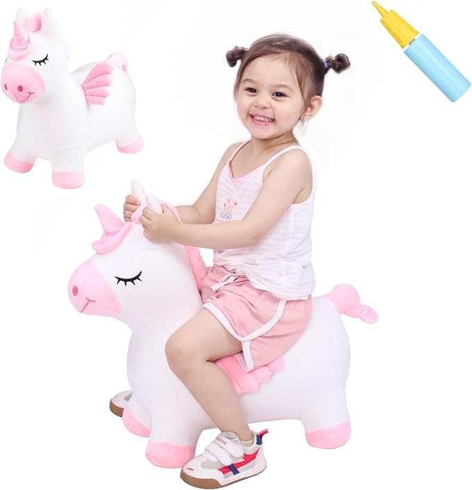 INPANY Unicorn Bouncy Horse Toys, Inflatable Unicorn with Ultra Thick Plush | Soft Washable Cover, Thick PVC, Stable 4-Leg Base, Cute Unicorn, Easy Inflation, Indoor & Outdoor Play, Gifts for 2-4 Kids
