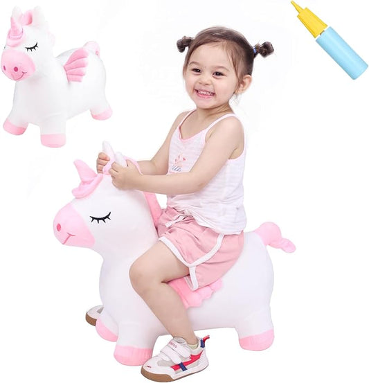 INPANY Unicorn Bouncy Horse Toys, Inflatable Unicorn with Ultra Thick Plush | Soft Washable Cover, Thick PVC, Stable 4-Leg Base, Cute Unicorn, Easy Inflation, Indoor & Outdoor Play, Gifts for 2-4 Kids