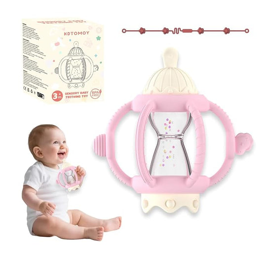 Silicone Teether Rattle Toy for Babies 0-12 Months Teething Relief | Montessori Sensory Teething Toy with Pacifier, Easy Grasp Handle for Infant Boys & Girls, Baby Must Haves
