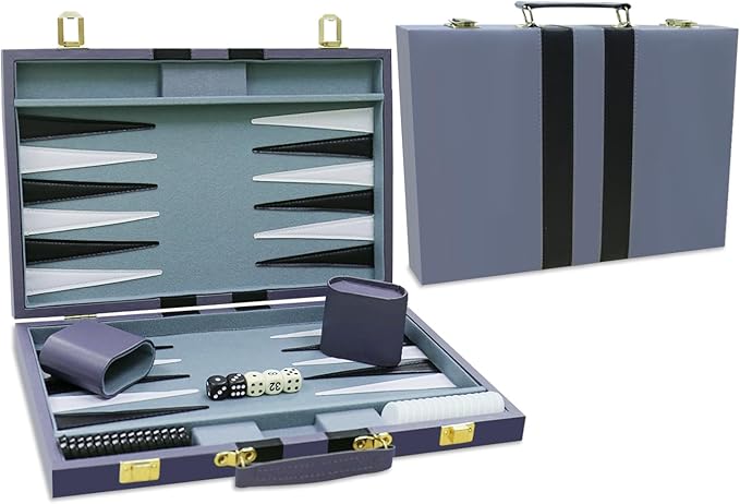 Backgammon Set - Classic Board Game with Premium PU Leather Case - Portable Travel Strategy Backgammon Game Set for Adults, Kids Family Game Night, Vacation & Gifts (15inch Medium, Gray)