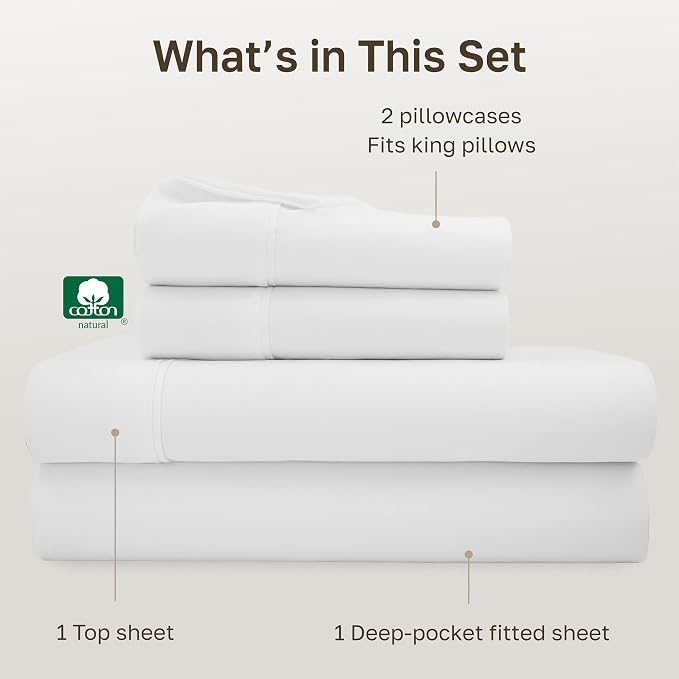 California Design Den Soft 100% Cotton King Size Bed Sheets Set, 400 TC Good Housekeeping Award Winner, Silky Sateen Weave with Deep Pockets, Long Staple Cotton King Bed Sheet Set - Antique White