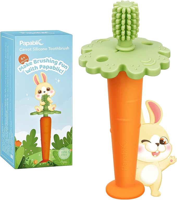 Papablic Baby Toothbrush Teether, 360° Carrot Toothbrush Teething Toy with Suction Base, Children's Day Gift Travel Essentials for Toddler Infants 6-12 Months