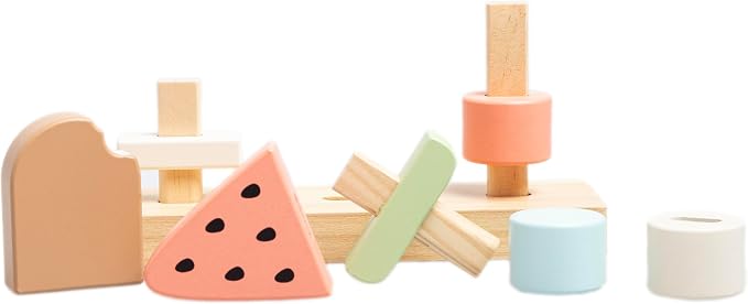 Pearhead Wooden Stacking Toy – Ice Cream Mix & Match Pretend Play Food, FSC-Certified, Montessori Toy Develops Fine Motor Skills & Hand-Eye Coordination, Boys and Girls, 1 Year Old+