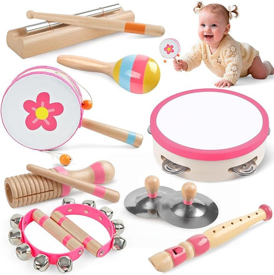 Toddlers Musical Instruments for 18 Month+ Girl,Baby Montessori Wooden Musical Toys for Toddlers,Kids Musical Toy for Preschool,Christmas Birthday Gift for Baby Girls Pink 8 in 1