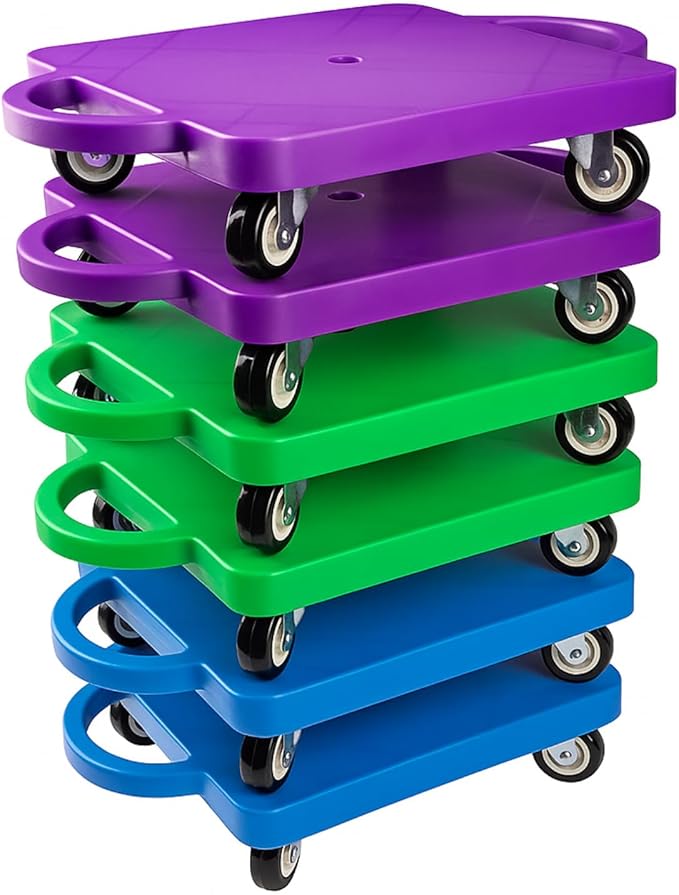 6 Pieces Sports Scooter Board Bulk Sitting Scooter Board with Handles Plastic Casters Sport Flat Scooter for Kids Children Gym Indoor Outdoor Activities Play Equipment(Bright Color)