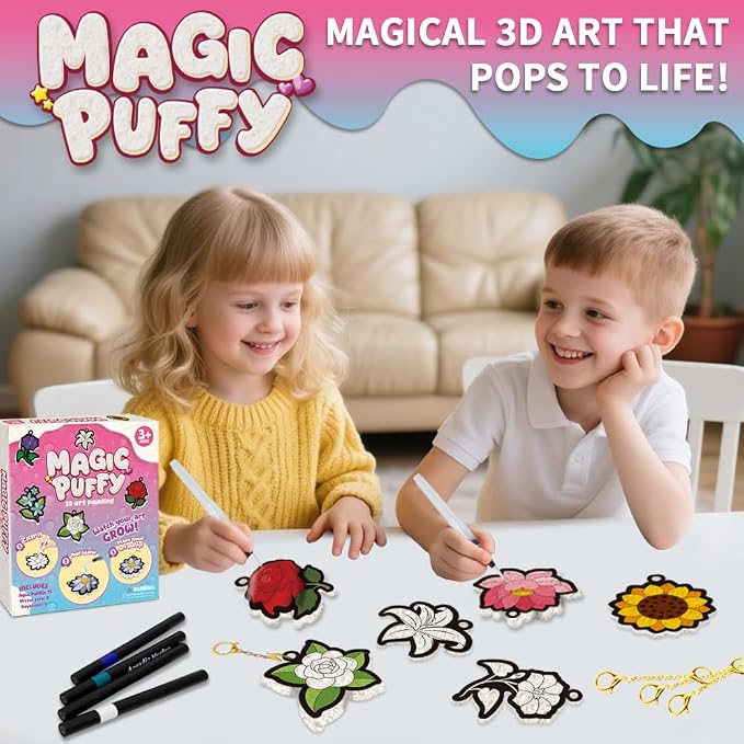 MZYTOZA Magic Foam Texture Painting Kit - 3D Art Craft Aqua Magic Puffs Paint Kit, 15 Mess-Free Paint by Number Craft for Kids (Flowers)
