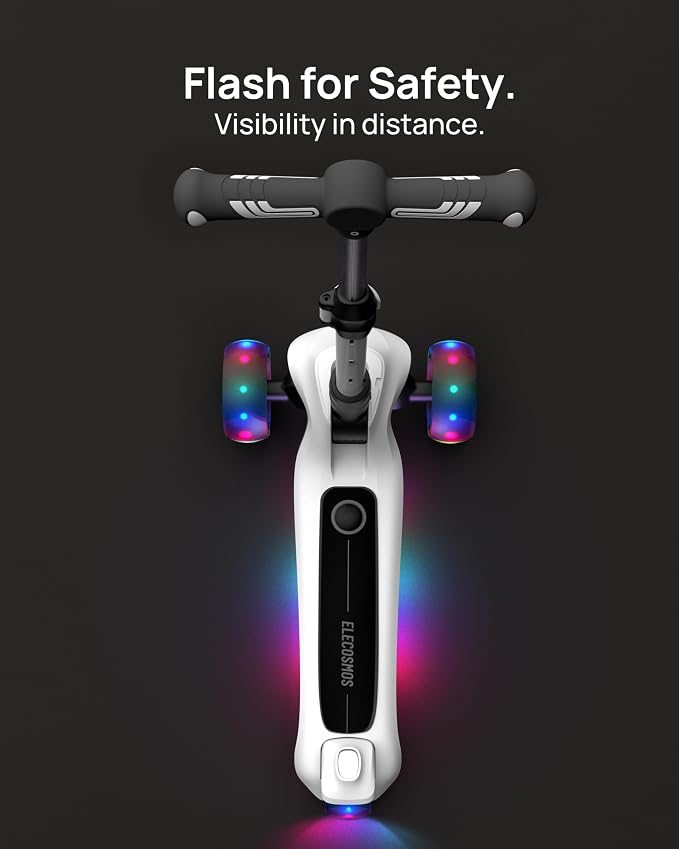 ELECOSMOS Kids Electric Scooter for Age 4-9, Light Up 3-Wheeled Scooter with Big LED Wheels, Wide Flashing Deck, Adjustable Height