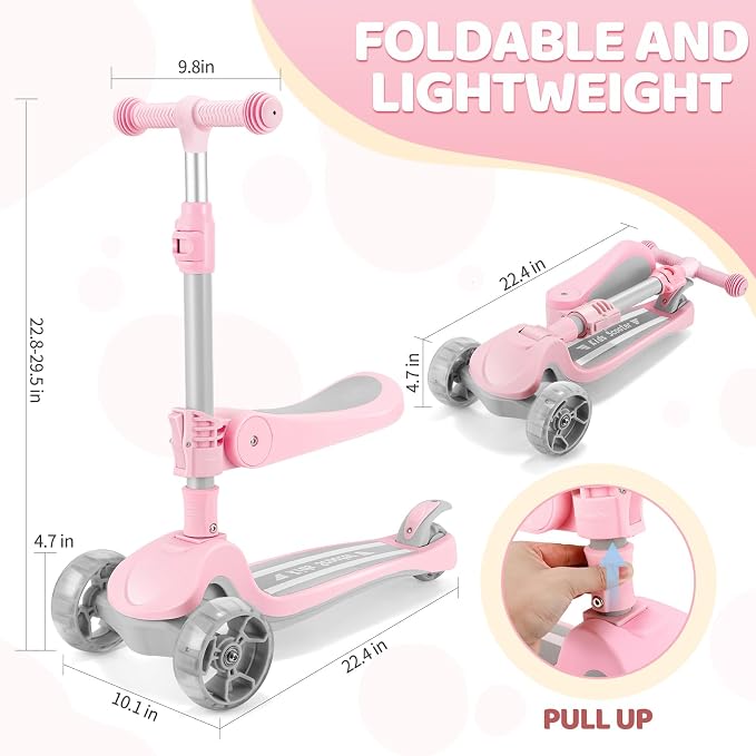 Kids Scooter with Seat, 2 in 1 Kick Toddler Scooter with LED Light-Up Wheels and Light up Deck, 4 Adjustable Heights, Lean to Steer, 3 Wheels Scooter Suitable for Boys & Girls Ages 2-8 Years