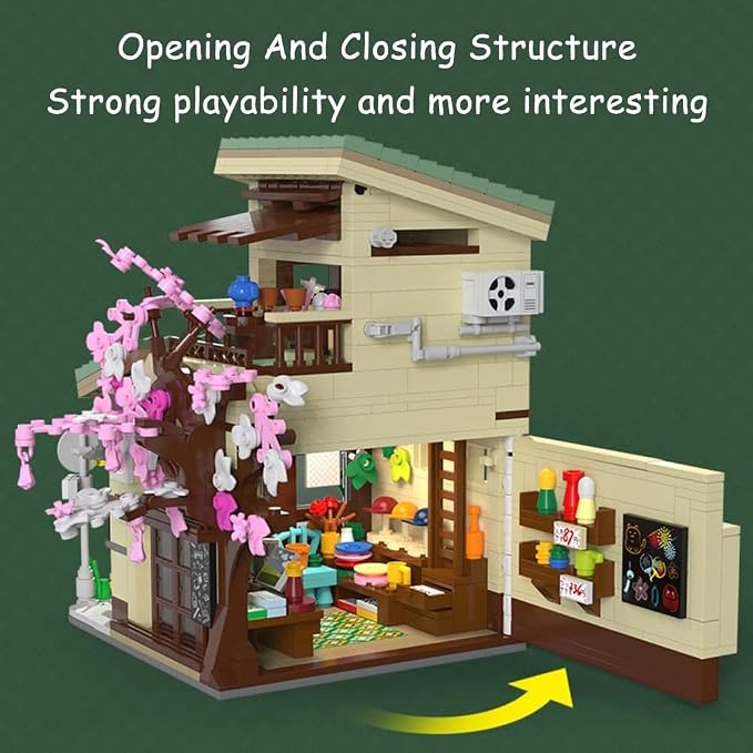Japanese Cat's Grocery Shop Building Block Set, MOC Modular Street View Series House with 1 Figure & LED Light, Model House Idea Gift for Teens and Adults(921 pcs)