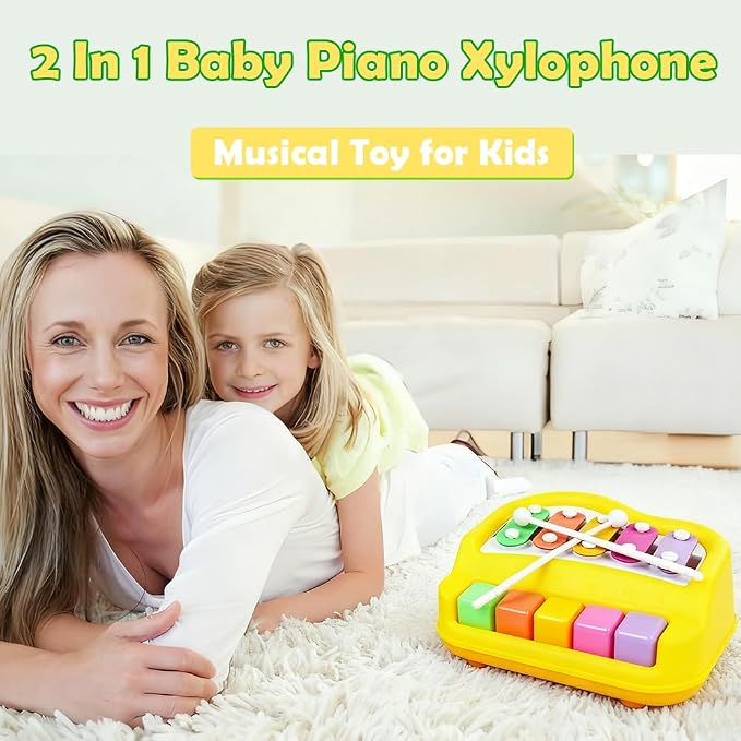 2 in 1 Xylophone for Toddlers, Baby Xylophone Piano Toy with 5 Multicolored Key Scales and Two Mallets for Kids, Educational Musical Learning Instruments Toy for Boys and Girls (Blue)