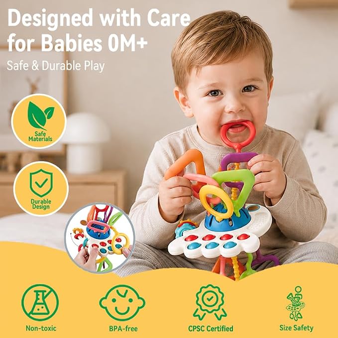 Baby Toys 6-12 Months, Montessori Silicone Pulling Toy for Babies, 6 in 1 Pull String Sensory Toy, Baby Teething Toy, Car Seat & Stroller Toys, Gift for 1 Year Old Boy Girl