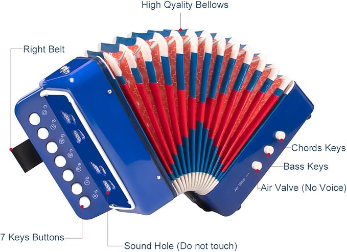 Horse Kids Accordion, 10 Keys Button Control Kid Accordions Musical Instruments for Child Children Toddlers Beginners Accordian Lightweight 7 key 3 Bass Mini Acordeón Toy Acordeones Para Miños Blue
