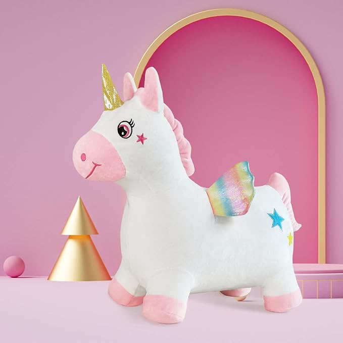 Unicorn Bouncy Horse Toys for 2 Year Old Girl, Inflatable Ultra Thick Plush Horse Hopper, Ride on Rubber Jumping Toys for Baby Girl or Boy 1st Birthday Gift for 2 3 4 Year Old (Pinkish White Unicorn)