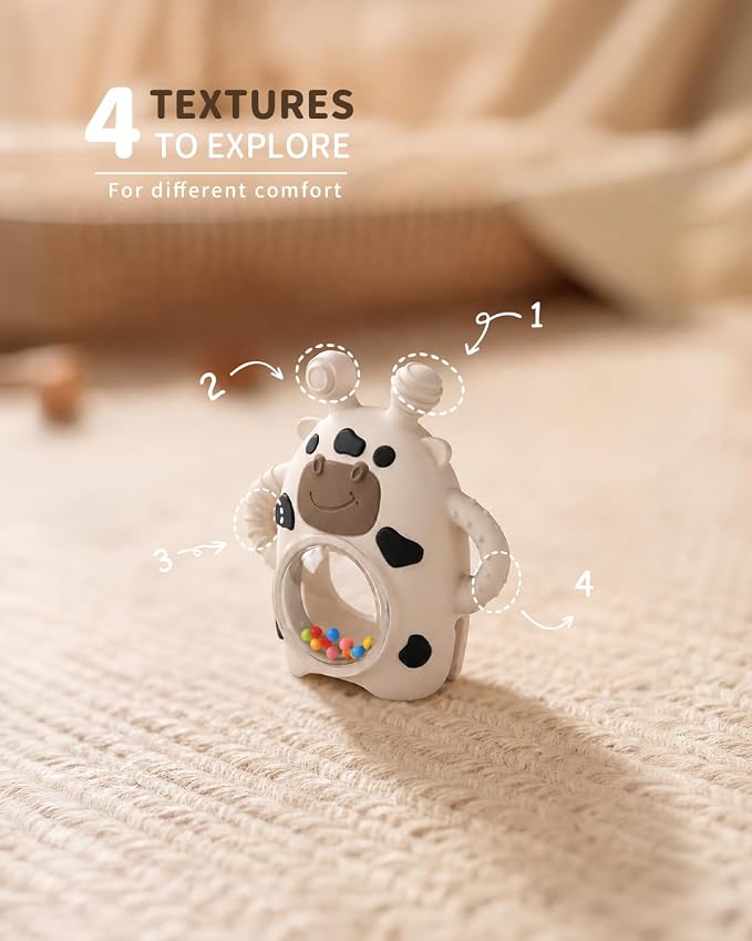 Bakpoco Baby Teether Toys for Babies 3 Months+, Easy-Grip Silicone Hand Teether with Sensory Rattle, Multi-Texture Infant Toy, Wrist Design Helps Reduce Drops, Cow