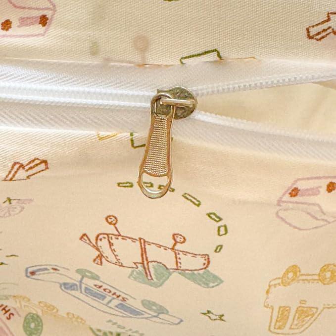 LIWHENHAO Car Duvet Cover Set Twin 100% Cotton Bedding Cartoon Truck Train Airplane Helicopter Print 1 Cute Vehicles Comforter Cover Zipper Closure 2 Pillowcases for Kids Girls Boys