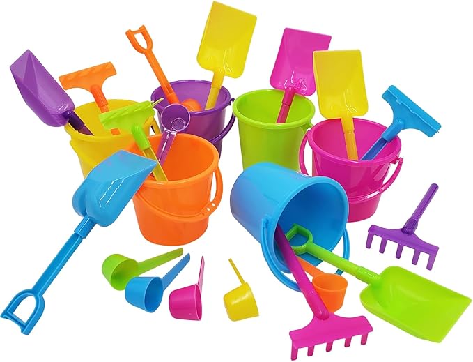 The Dreidel Company Mini Beach Playsets 24-Pack, Play Set Includes 1 Sand Bucket, 1 Shovel, 1 Rake, and 1 Scoop, Birthday Treats for Boys and Girls, Party Favors for Kids and Toddlers