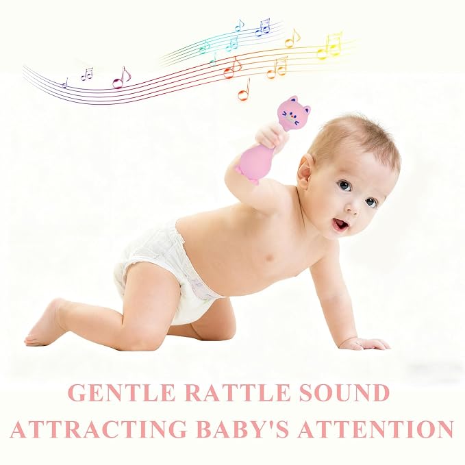Baby Rattle Teething Toys Cat Silicone Teether Rattles for Baby 0-12 Months Food Grade Silicone (Pink)