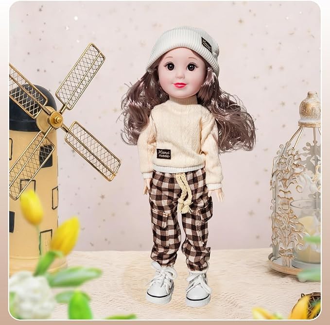12 Inch BJD Fashion Girl Doll, 15 Movable Joints, Exquisite Hair and Trendy Casual Outfits (Casual wear-Beige)
